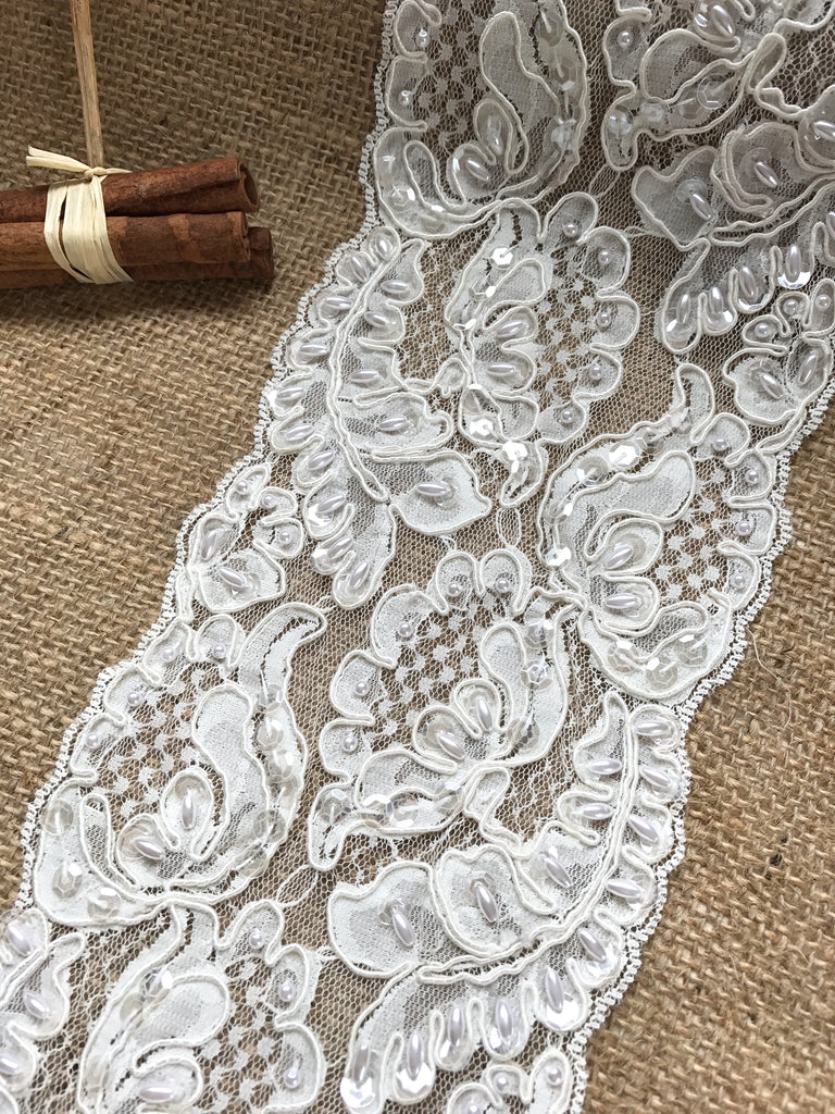 Beaded ivory lace on sale fabric, Sequin lace, French lace, Alencon lace, Bridal lace, Wedding lace White lace Embroidered Floral lace yard EVS024CB