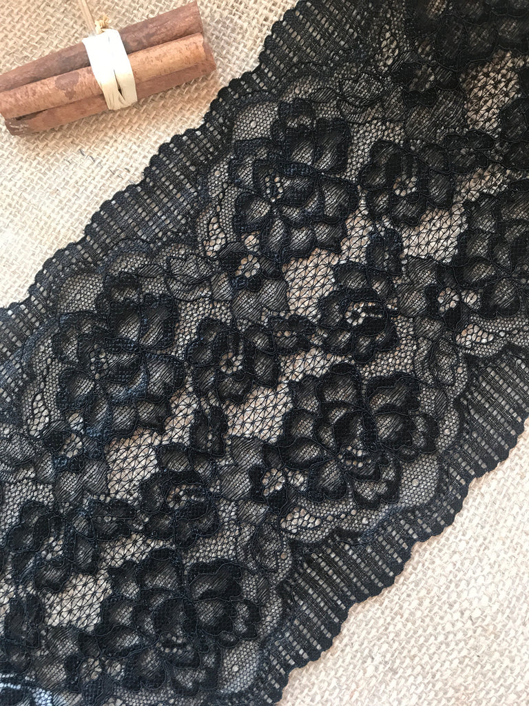 Black Lace Bevelled Edge 90mm Stretch Trim - $7 pm – Lush Fabrics