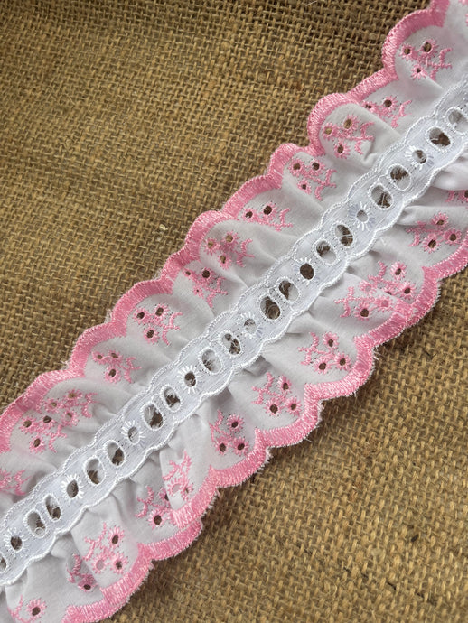 White/Pink Cotton Double Broderie Anglaise Gathered Lace (with ribbon slot) 6.5cm/2.5