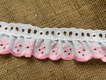 White/Pink Cotton Broderie Anglaise Gathered Lace (with ribbon slot) 5 cm/2"