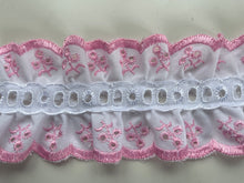 White/Pink Cotton Double Broderie Anglaise Gathered Lace (with ribbon slot) 6.5cm/2.5"