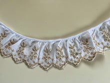 White/Gold Cotton Broderie Anglaise Gathered  Lace 5 cm/2"