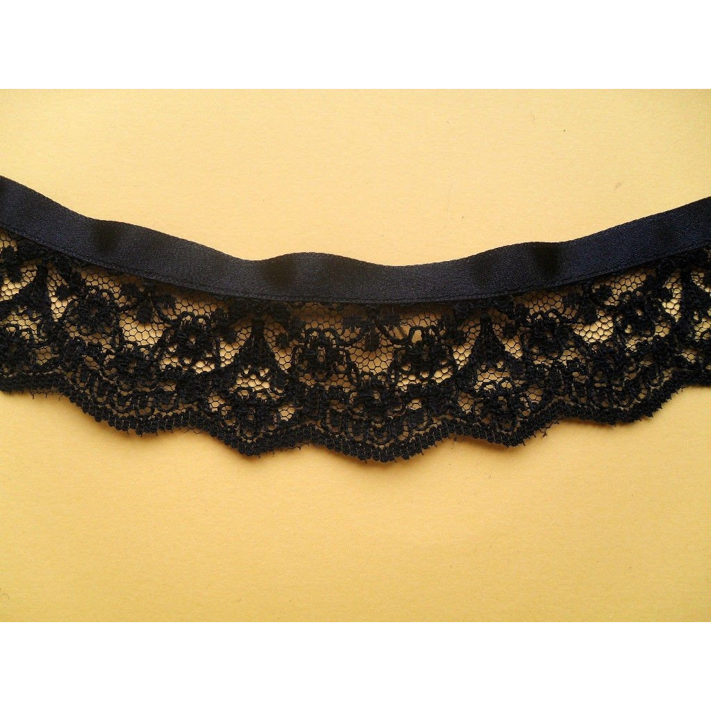 1 x 3.8 mQuality Black Gathered Nottingham Lace with Satin Black Ribbon 1.75